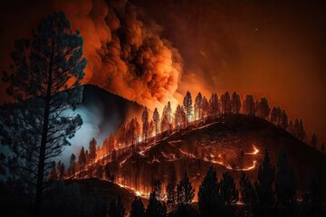 Forest fire, wildfire at night time.