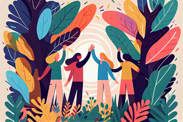 Celebrating International friendship day concept. Group of young positive people doing high five together, young generation celebrating social event holiday