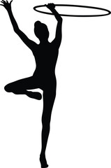 young woman exercise with hoop rhythmic gymnastics, black silhouette on white background, vector illustration © Real Sports Photos