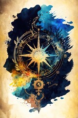 Compass watercolor illustration blue and gold, treasure map astrolabe - Generative AI