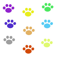 Vector set of colored dog paws. Dog tracks icons in different colors.