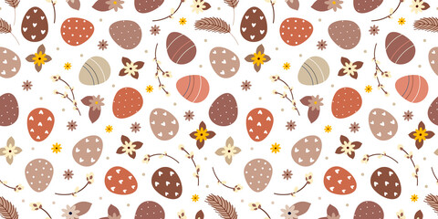 Retro brown Beige Easter spring seamless pattern with willow twigs and Easter eggs