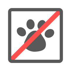 A dog's paw in a square prohibition sign. The icon of the prohibition of the presence of animals on the territory. Dog paw zoological icon.