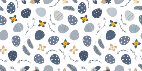 Blue Beige Easter spring seamless pattern with willow twigs and Easter eggs