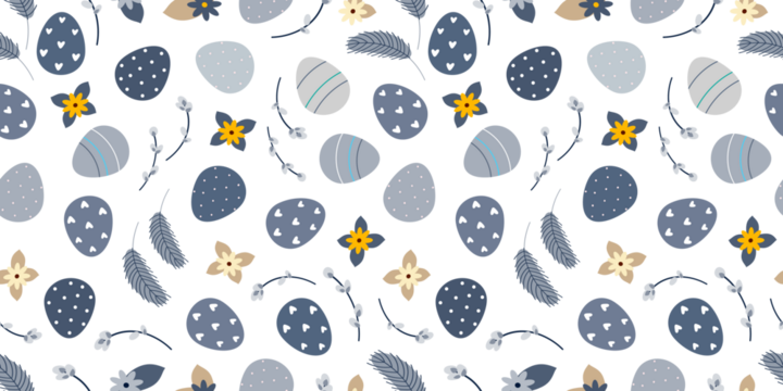 Blue Beige Easter spring seamless pattern with willow twigs and Easter eggs