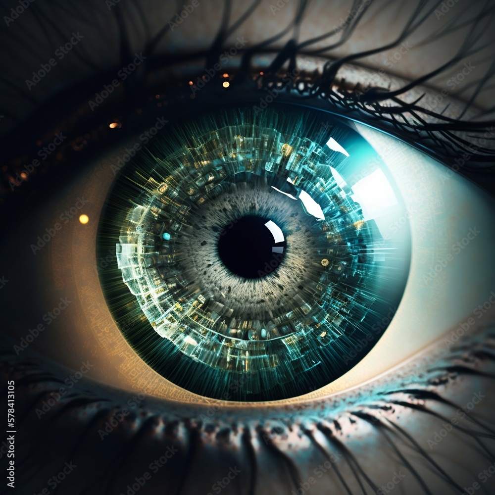 Poster human eye with binary code in pupil. generative ai