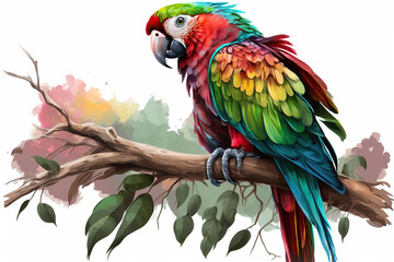 Beautiful colorful parrot sitting on a branch. An idea for a graphic for World Migratory Bird Day, created with Generative AI