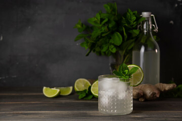 Moscow Mule Cocktail Isolated on White Background. A Moscow mule is a cocktail made with vodka, spicy ginger beer, and lime juice. Selective focus.