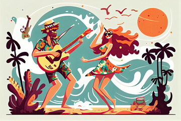 Hippie Characters, Young Man and Woman Playing Guitar and Dancing on Tropical Beach