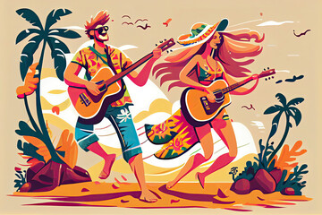 Hippie Characters, Young Man and Woman Playing Guitar and Dancing on Tropical Beach