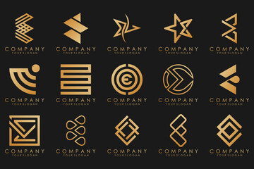 collection logos golden luxury with letters E. Geometrical abstract logos.