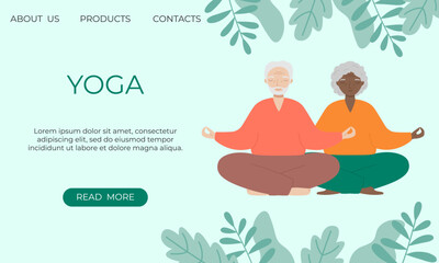 Banner template with senior man and woman doing yoga or breathing exercises. 