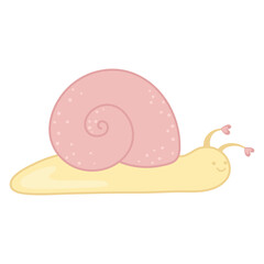Cute snail in love. Pink and yellow colors. Simple illustration in kawaii style. Design element for prints and stickers. Clipart for Valentine's Day.
