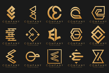 collection logos golden luxury with letters E. Geometrical abstract logos.