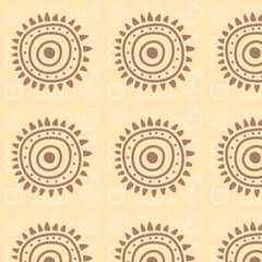 Seamless pattern primitive ethnic ornament, petroglyph. Sign, symbol sun. Ancient patterns. Drawings of ancient tribe, Stone Age. Design element for textiles, paper, fabrics. Vector illustration