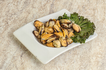 Tasty marinated mussels in the bowl