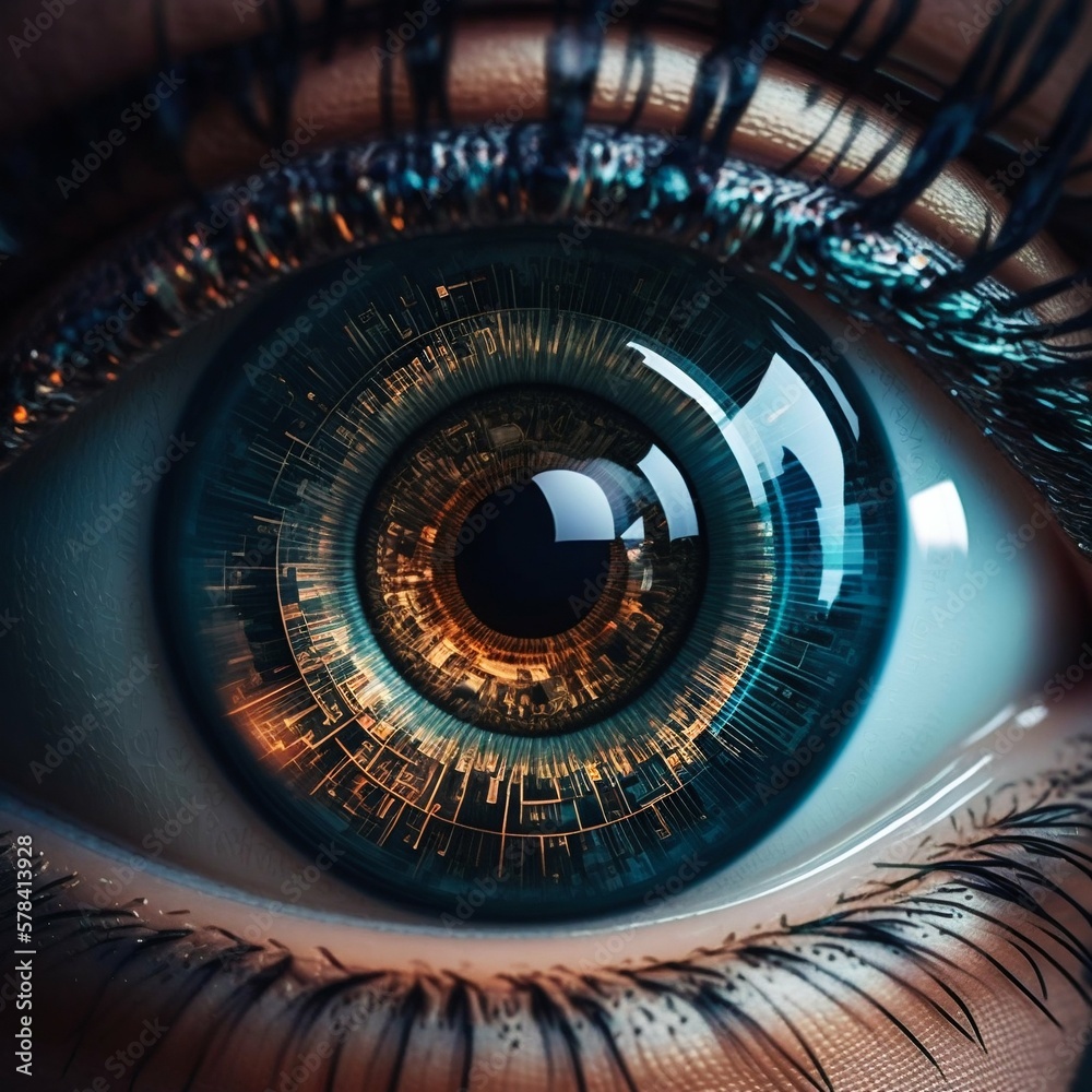 Poster human eye with binary code in pupil. generative ai
