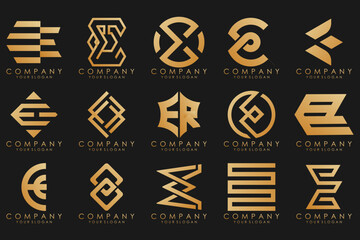 collection logos golden luxury with letters E. Geometrical abstract logos.