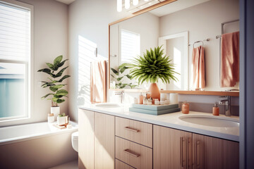 Fototapeta na wymiar Modern bathroom interior, bathtub and wooden furniture with sinks. Generative AI 