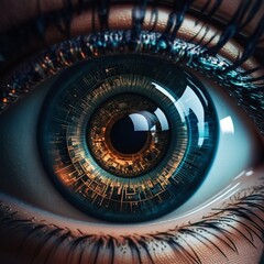 Human eye with binary code in pupil. Generative AI