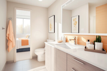Fototapeta na wymiar Modern hotel room and bathroom, pastel colors interior. Generative AI 
