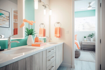 Fototapeta na wymiar Modern hotel room and bathroom, pastel colors interior. Generative AI 