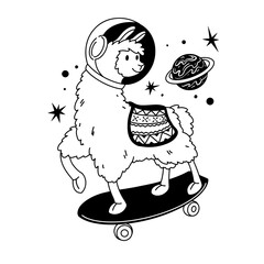 Cute llama skating in space, vector hand drawn art

