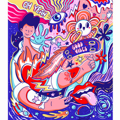 Fire in heart, hand drawn vector art with preppy aesthetic an psychedelia style
