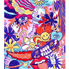 Good vibes only, vector hand drawn art with preppy aesthetic psychedelia style 