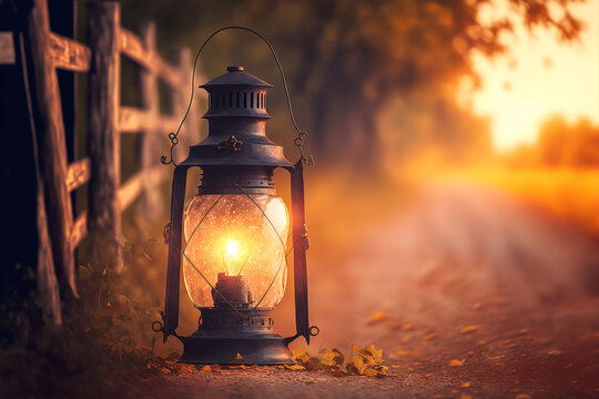 A lit vintage lantern bathes the country path in light. A rustic and mysterious atmosphere, ideal for romantic and timeless images. Generative AI