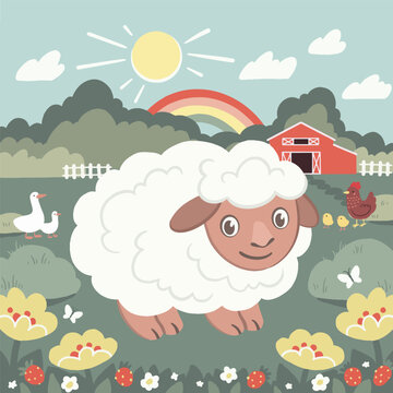 Cute sheep in the farm, vector hand drawn illustrations
