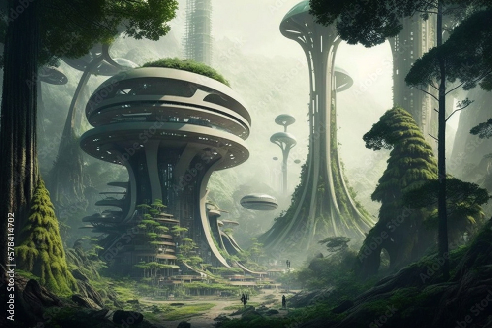 Poster futuristic city in the middle of the forest Generative AI