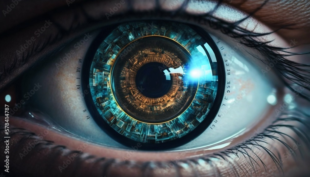 Poster human eye with binary code in pupil. generative ai