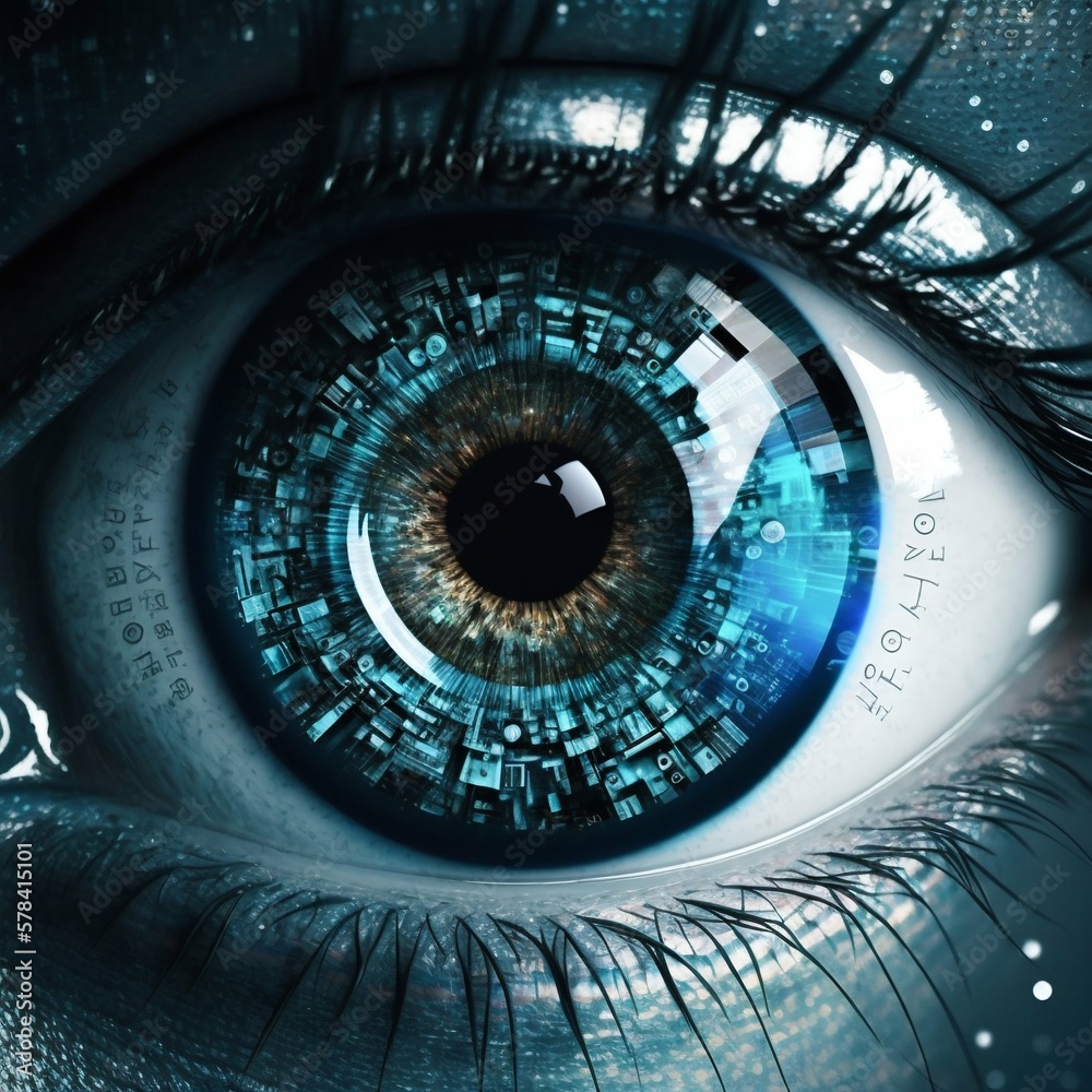 Poster human eye with binary code in pupil. generative ai