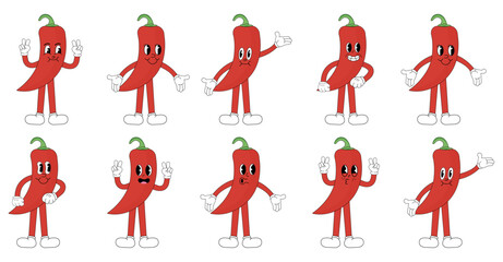 Pepper chili cartoon groovy stickers with funny comic characters, gloved hands. Modern illustration with legs and arms.	
