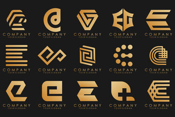 collection logos golden luxury with letters E. Geometrical abstract logos.