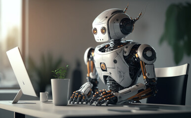 A robot works at the computer, generative ai