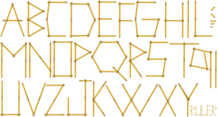 Old wooden yellow meter ruler in the shape of letters and punctuation marks. Isolated on white or transparent background. Png.