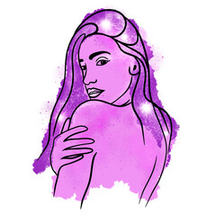 Hand drawn illustration of woman naked back. Bright colorful design with black line outline contour, glitter shiny shimmer glamour sketch.