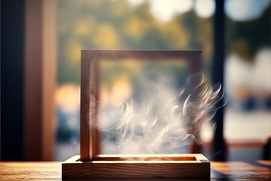 The wooden tabletop on a blur window background with smoke float up, can be used for display or montage your products, Morning light, blurred image