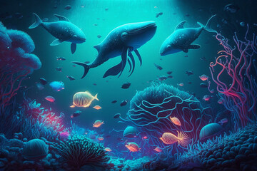 Naklejka na ściany i meble wallpaper with an underwater scene with neon colors Generative AI