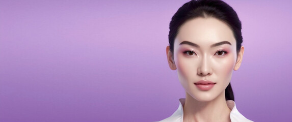 Beautiful Asian model with luminous skin on colored background created with ai generative tools.
