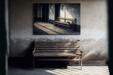 Old wooden bench in a room with concrete floor and concrete wall