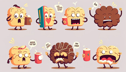 Cute human brain various style pose set. Healthy and unhealthy organ. Generative ai