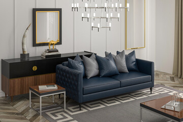 3D rendering living room interior. corner view. carpet ,Parquet , plant , sofa ,coffee table , sideboard 