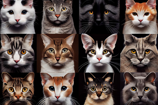 Collage of images of cats. Lots of cats of different breeds.