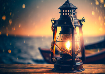 A marine lantern illuminating a harbor with the silhouette of a sailing ship, and a sunset in the background. Romantic and vintage maritime atmosphere. Generative AI