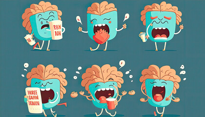 Cute human brain various style pose set. Healthy and unhealthy organ. Generative ai
