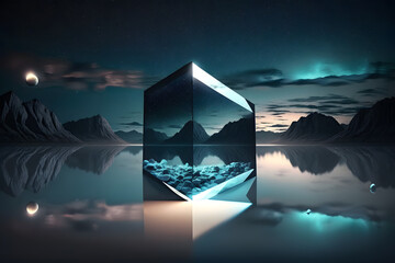 3d render of an abstract background with rhombus geometric shape, square frame and extraterrestrial landscape under the night sky. Rocks and water reflection. Futuristic minimalist wallpaper