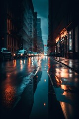 Obraz premium Night rainy city road streets. Generative AI